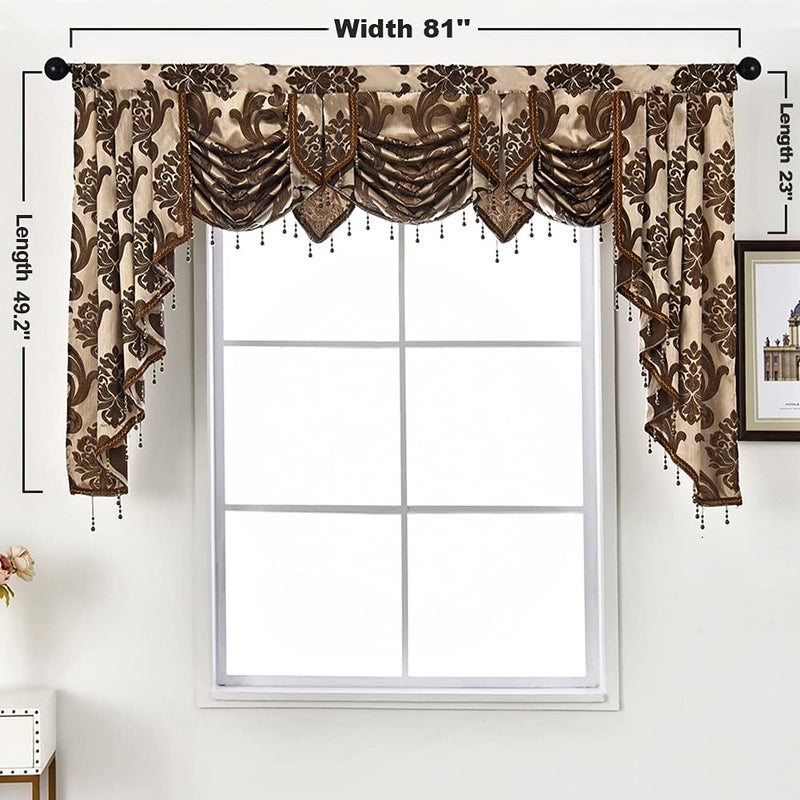 NAPEARL Waterfall Valance for Windows-Damask Window Valance with Swags, Decorative Window Toppers, Brown Swag Valance for Living Room, Bedroom, 81-Inch Wide - Image 2
